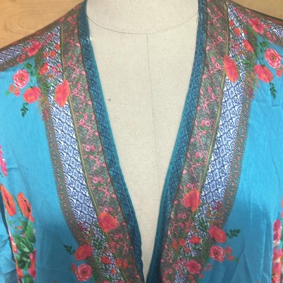 NWT Umgee boho turquoise silky floral kimono swim cover wrap poncho ruana XL 1X - Picture 3 of 16